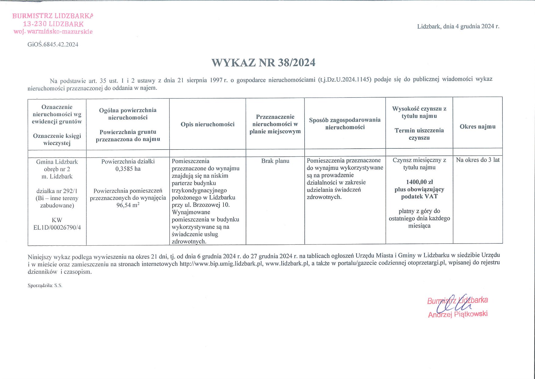 Wykaz Nr 38/2024 - Nieruchomość przeznaczona do oddania w najem - obr. 2 m. Lidzbark dz. nr 292/1, ul. Brzozowa 10